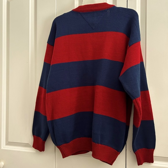 Vintage Graphix Sweater 90s Red and Navy Striped Knit Cardigan Sweater L - Picture 2 of 8